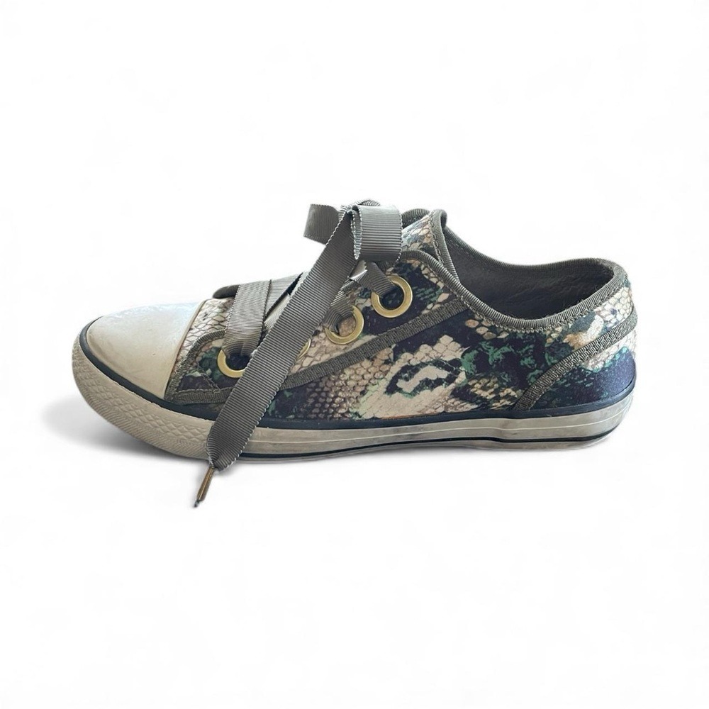 ASH Y2K Snakeskin Print Silk Sneakers Ribbon Lace Green Tan Size 38